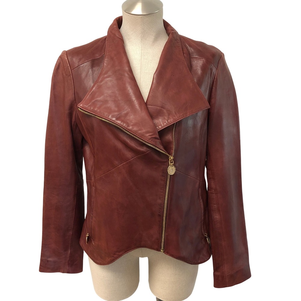 Elie Tahari Moto Jacket Womens Large Red Lamb Leather Asymmetrical Zip Gold